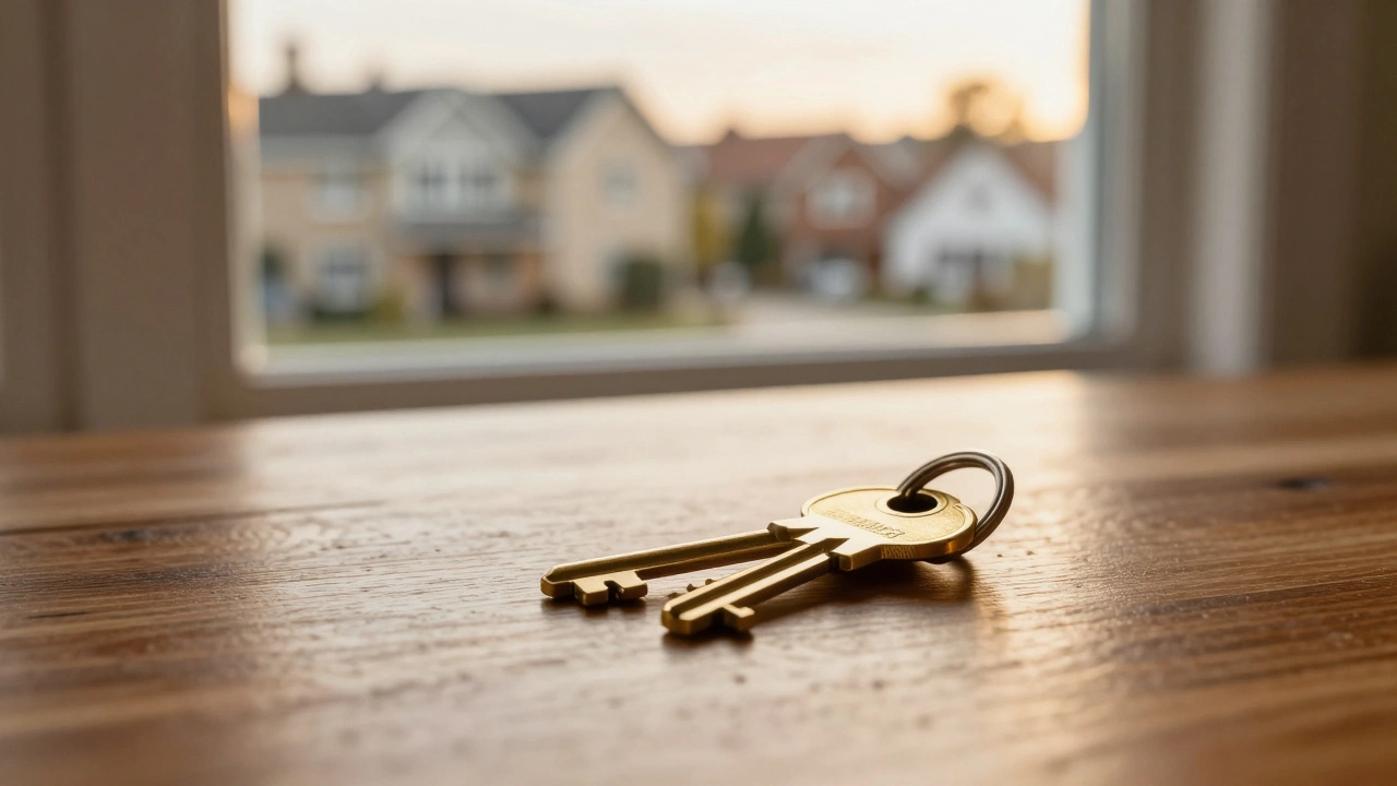 House key resting on a table near a window with sunlight.