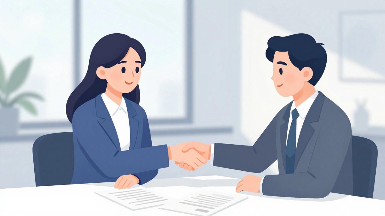 Landlord and tenant shaking hands over lease agreement at office table