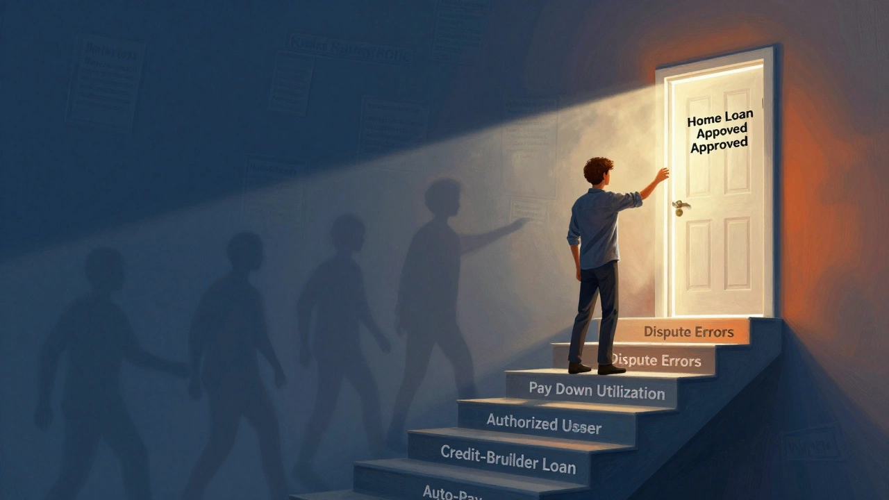 Person climbing steps labeled credit improvement strategies toward a home loan door.