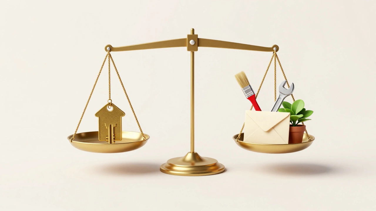 Scale balancing house key with tools and bills