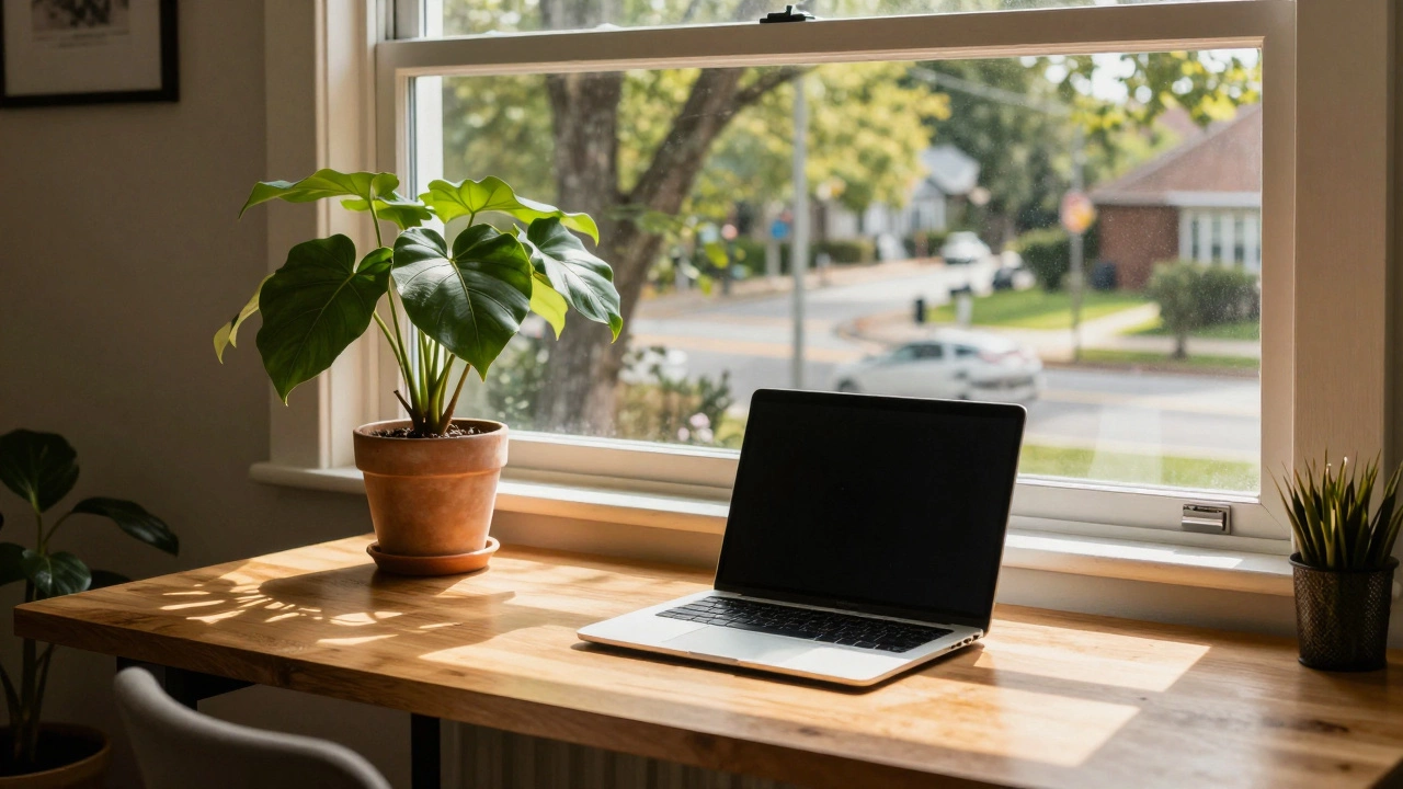 Sunlit home office with plant and view of suburbs