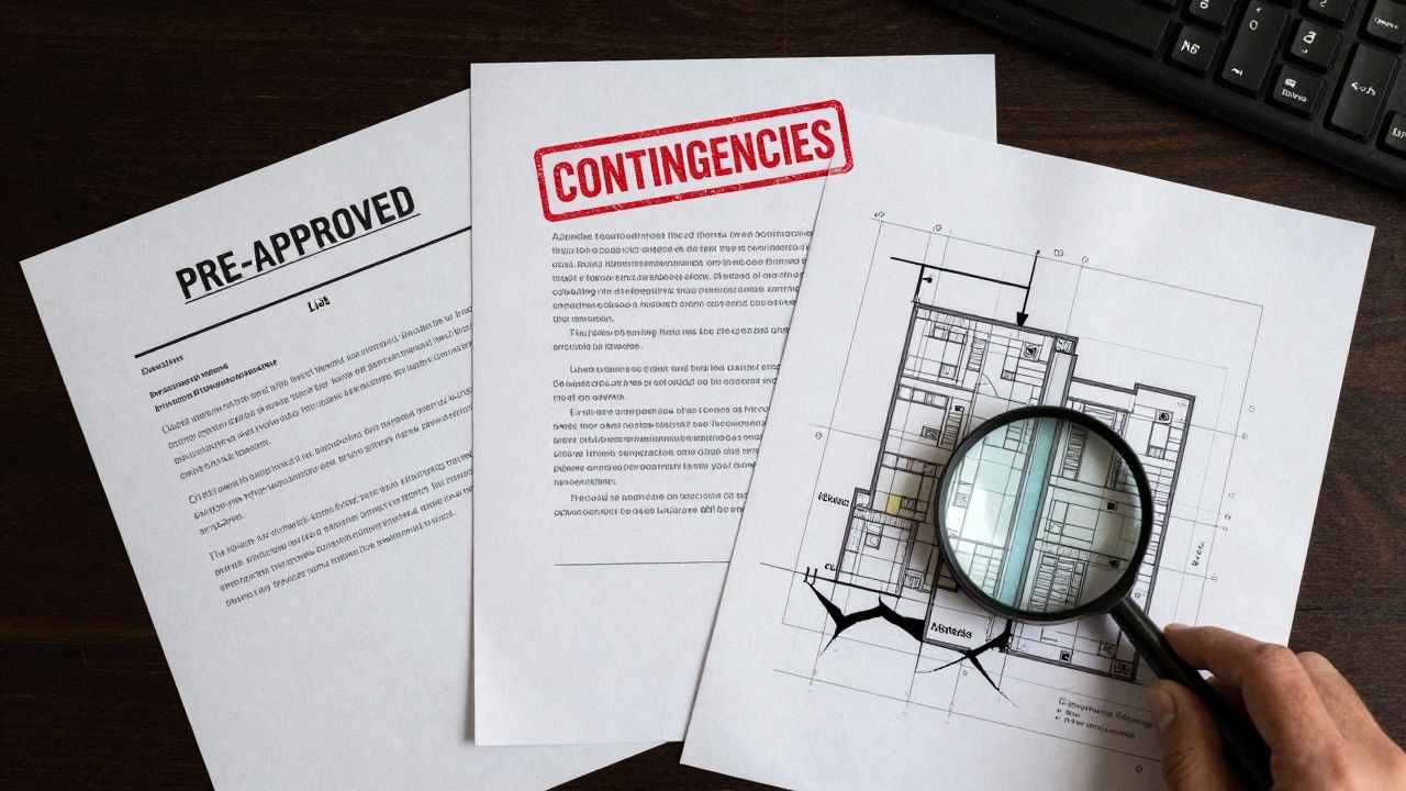 Three offer documents on a desk with a blueprint showing hidden property flaws.