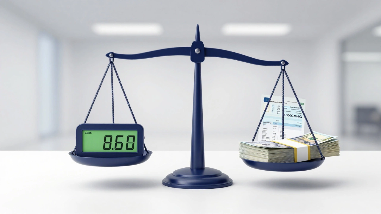 A balance scale comparing a credit score and a stack of pay stubs.