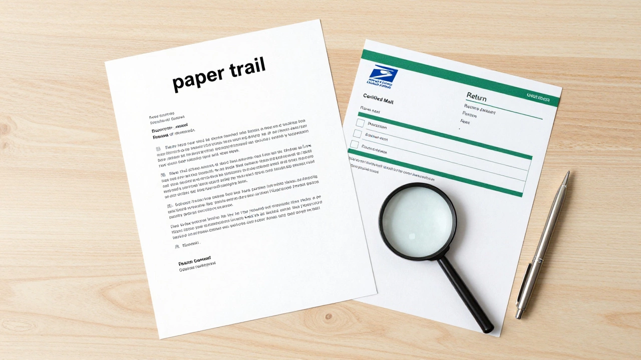 A formal letter with a certified mail receipt and return receipt on a table.