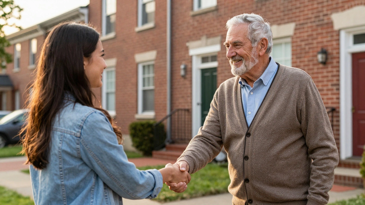 A private landlord shaking hands with a tenant in front of a brick townhouse.