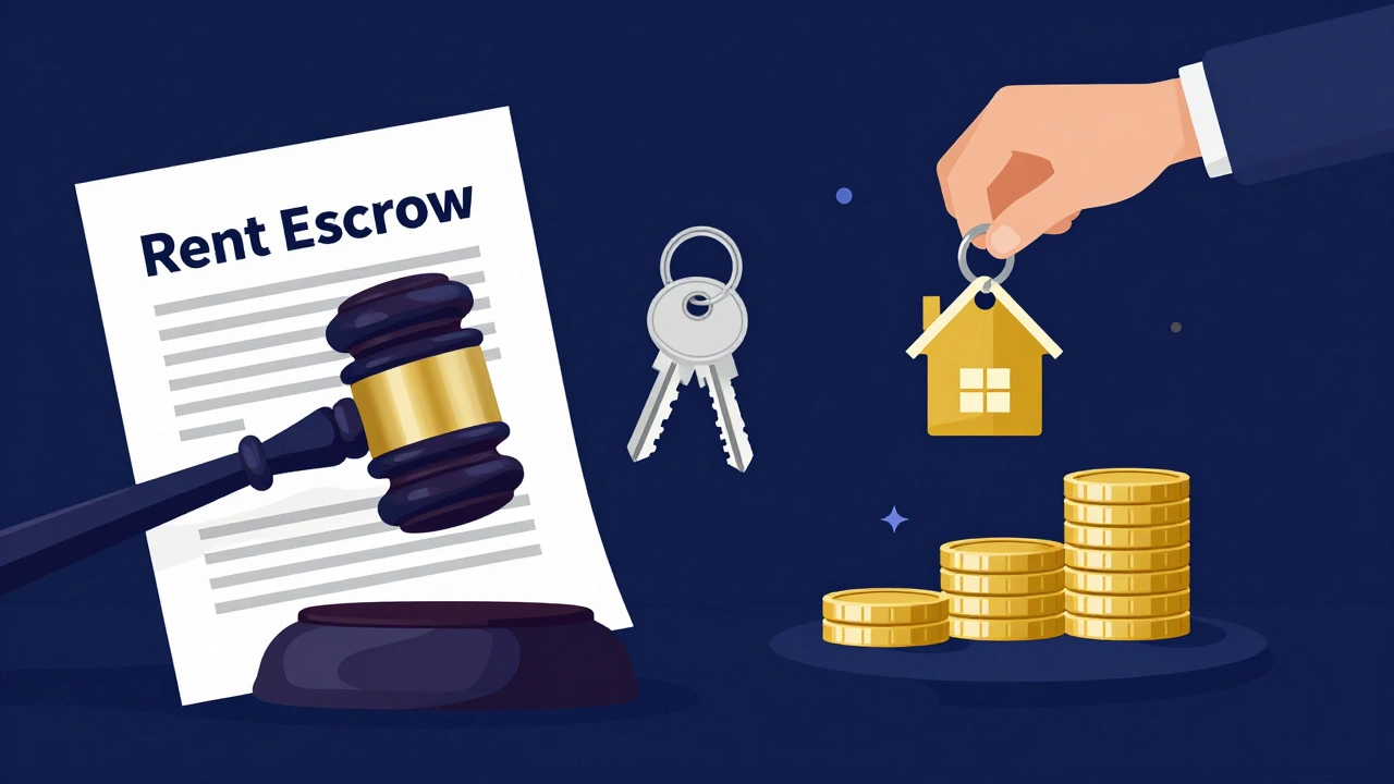 Conceptual art of a judge's gavel and rent escrow documents beside house keys.