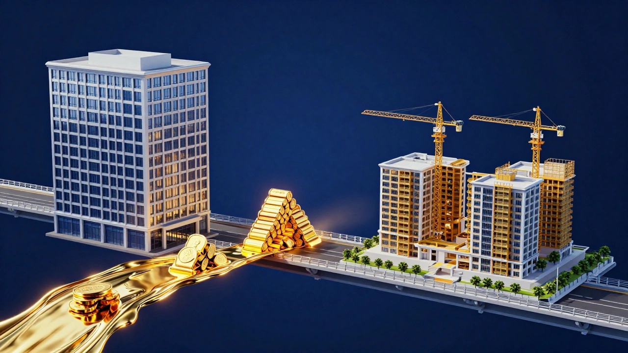 Glowing gold stream flowing from an office building to a new construction project