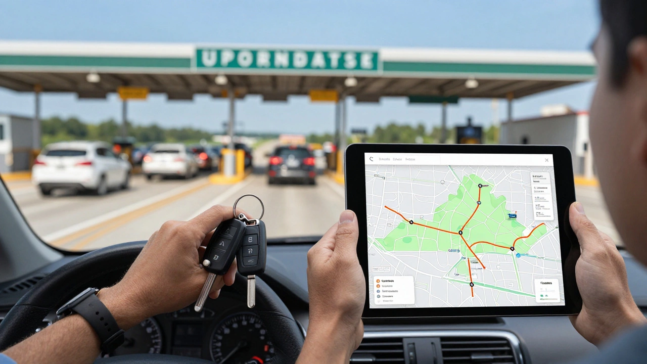 Hands holding car keys with a blurred highway toll plaza in the background.