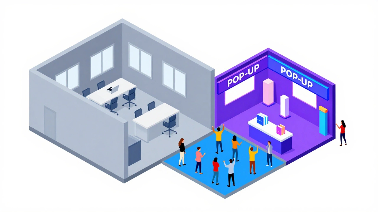 Isometric comparison between a traditional long-term office lease and a vibrant short-term pop-up shop