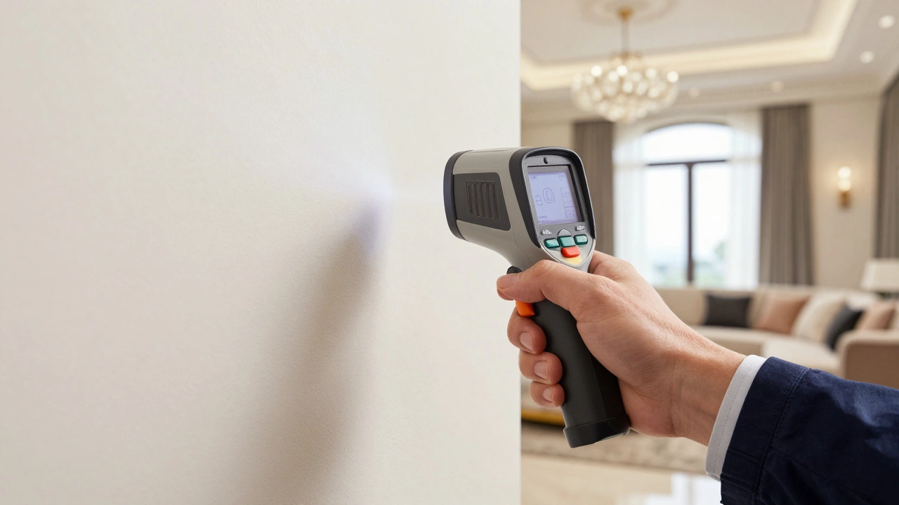 Professional inspector using a thermal camera to check a luxury villa wall