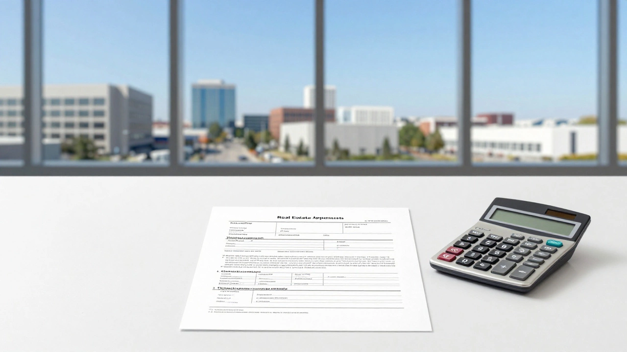 Real estate appraisal document and calculator with commercial buildings in the background