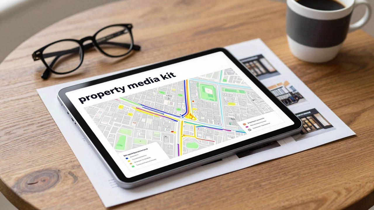 Real estate media kit on a table showing foot traffic heat maps and property photos