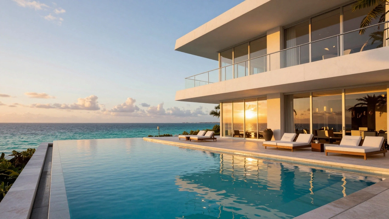 Ultra-luxury waterfront villa in Miami with an infinity pool at sunset