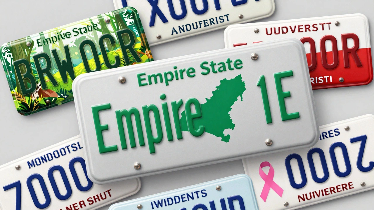 Collage of colorful NY specialty license plates including Empire State