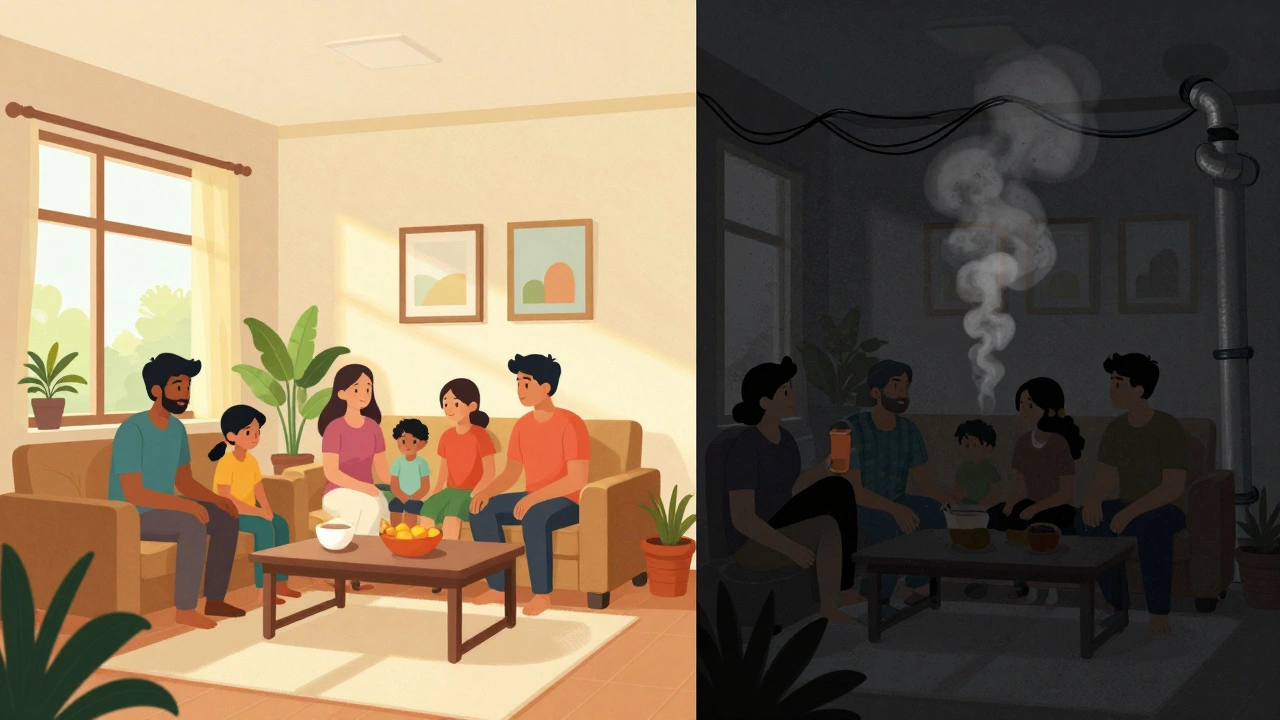 Comparison of legal family sharing vs illegal overcrowding in Indian homes