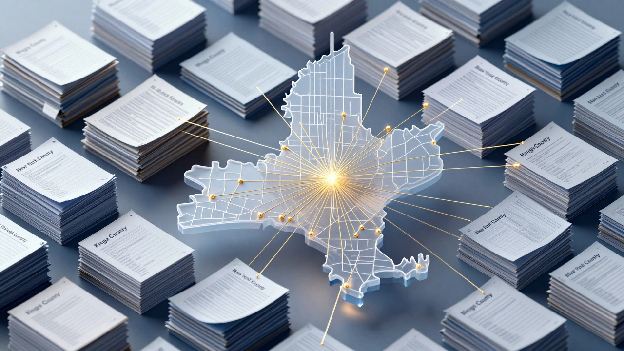 Digital art showing NYC boroughs connected to county clerk records via golden threads.