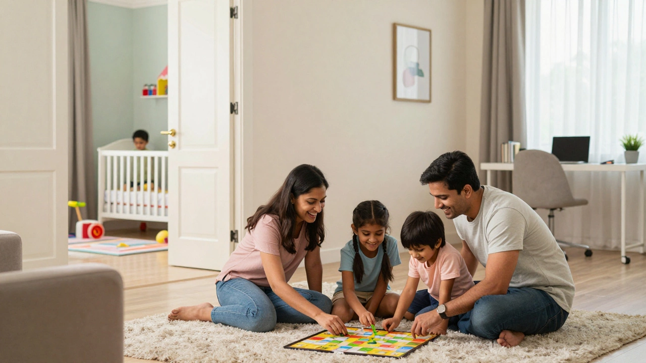 Family playing in living room with nursery and office visible