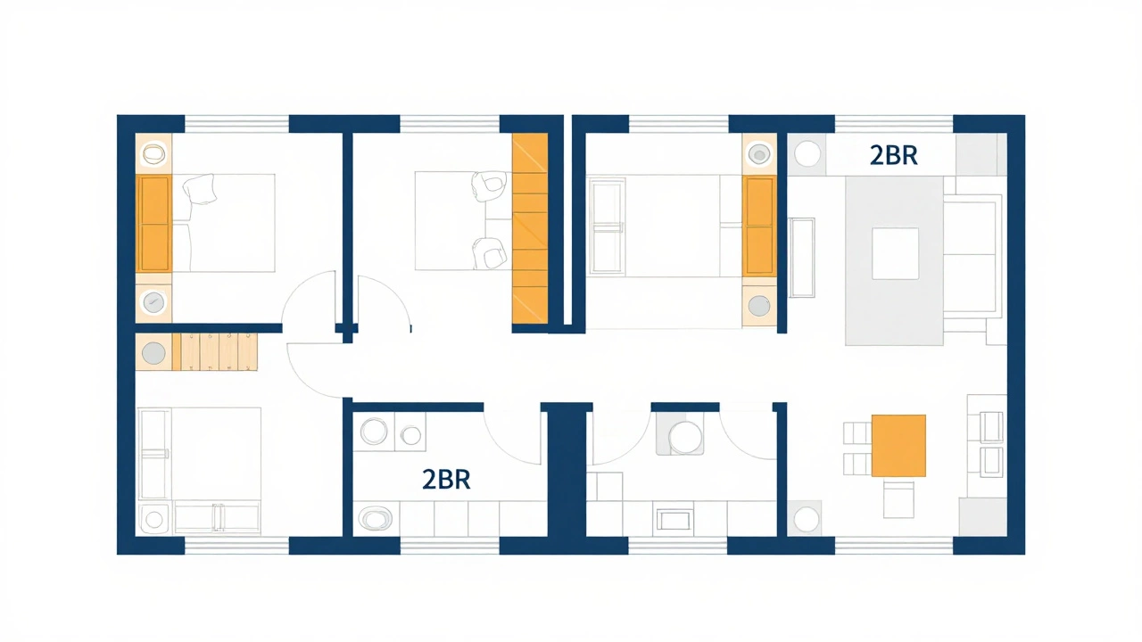 Illustration comparing 2BR apartment layout efficiency