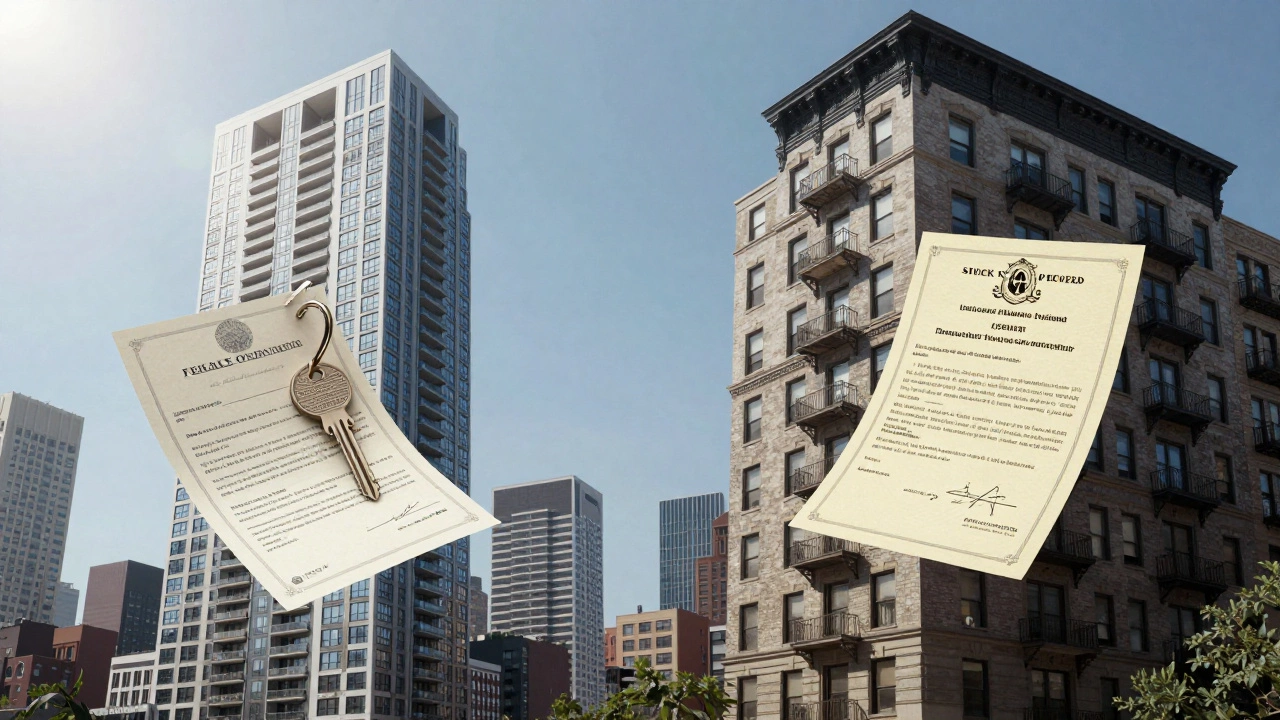 Illustration contrasting condo deeds with co-op stock certificates against city buildings.