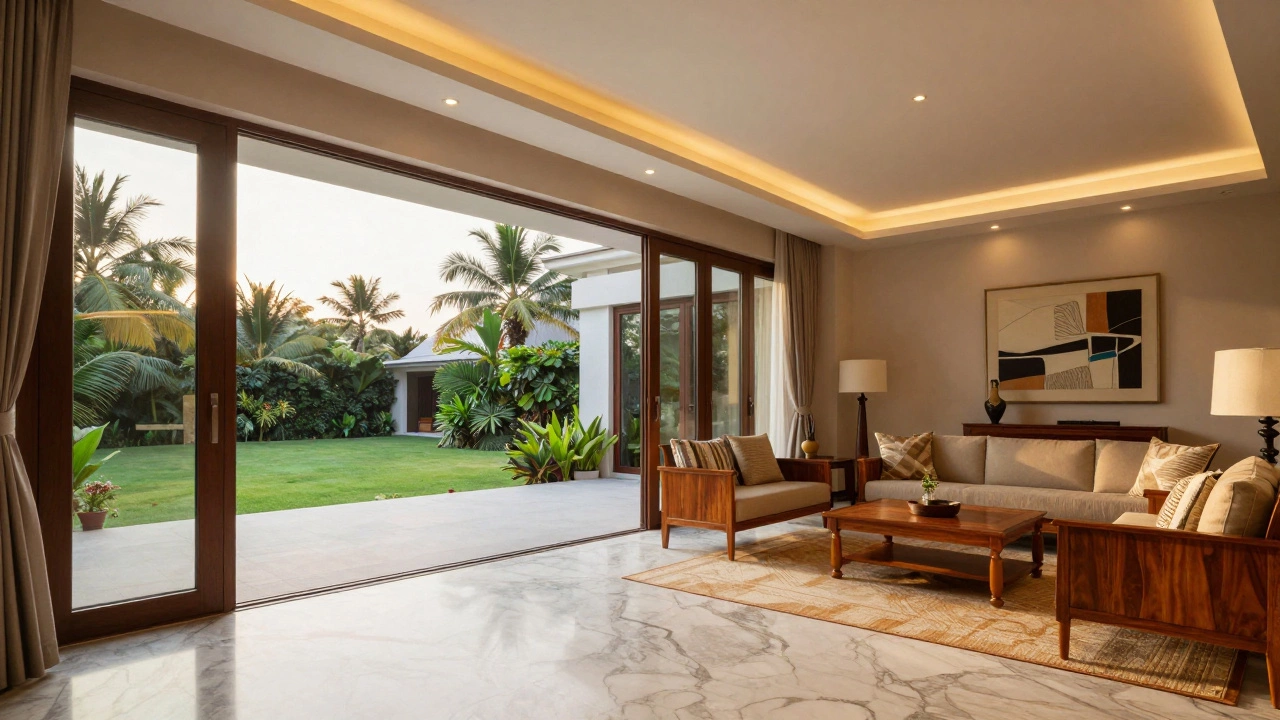 Open-plan villa interior connecting to a tropical garden via glass doors