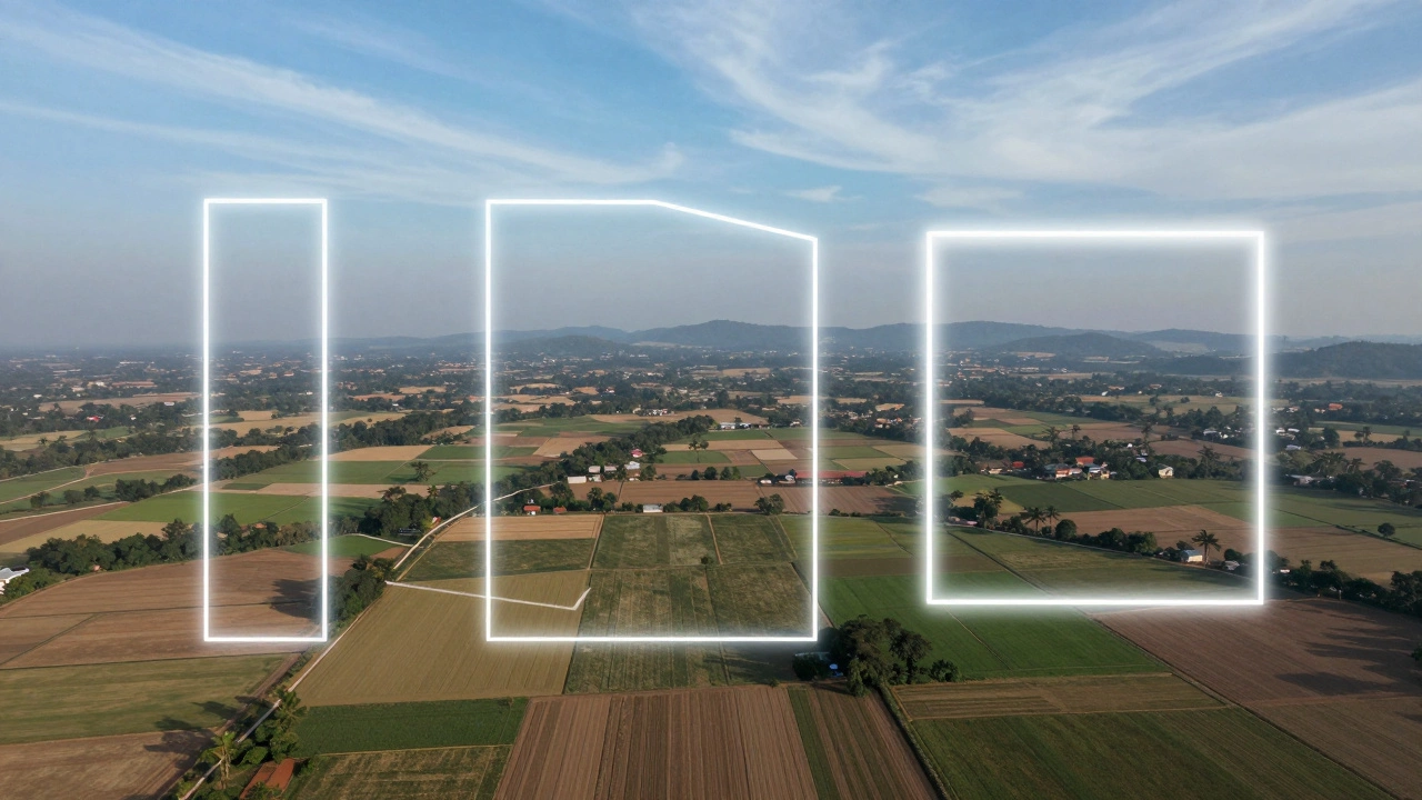 Overhead view of different land shapes illustrating that acreage remains constant regardless of form.