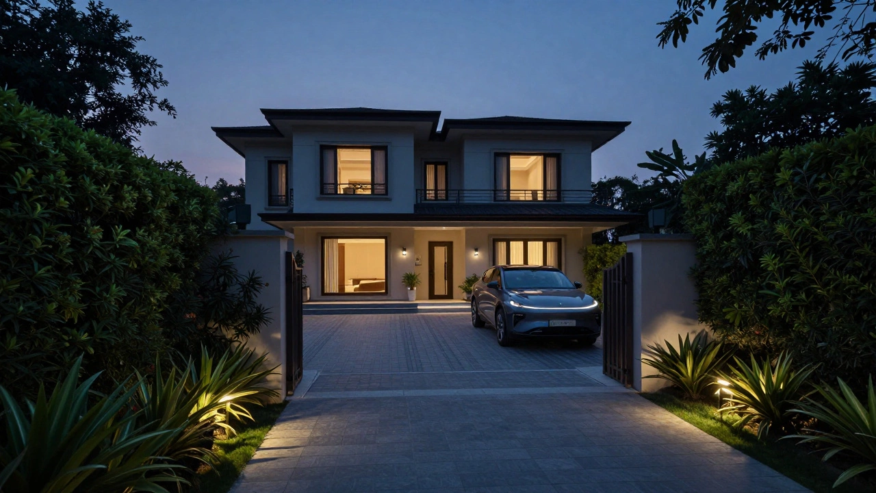 Private gated driveway leading to a secluded modern home at dusk