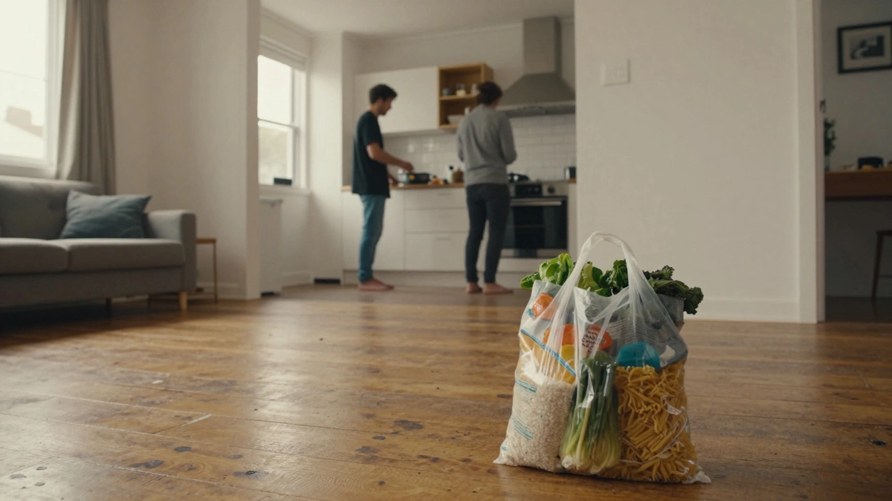 Sparse shared home interior with basic groceries on floor
