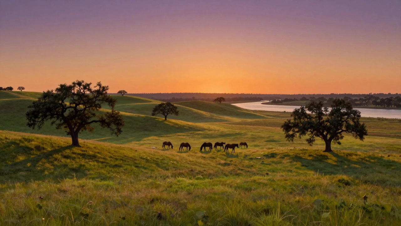 Sunset view of the rolling hills and horses at the 6666 Ranch