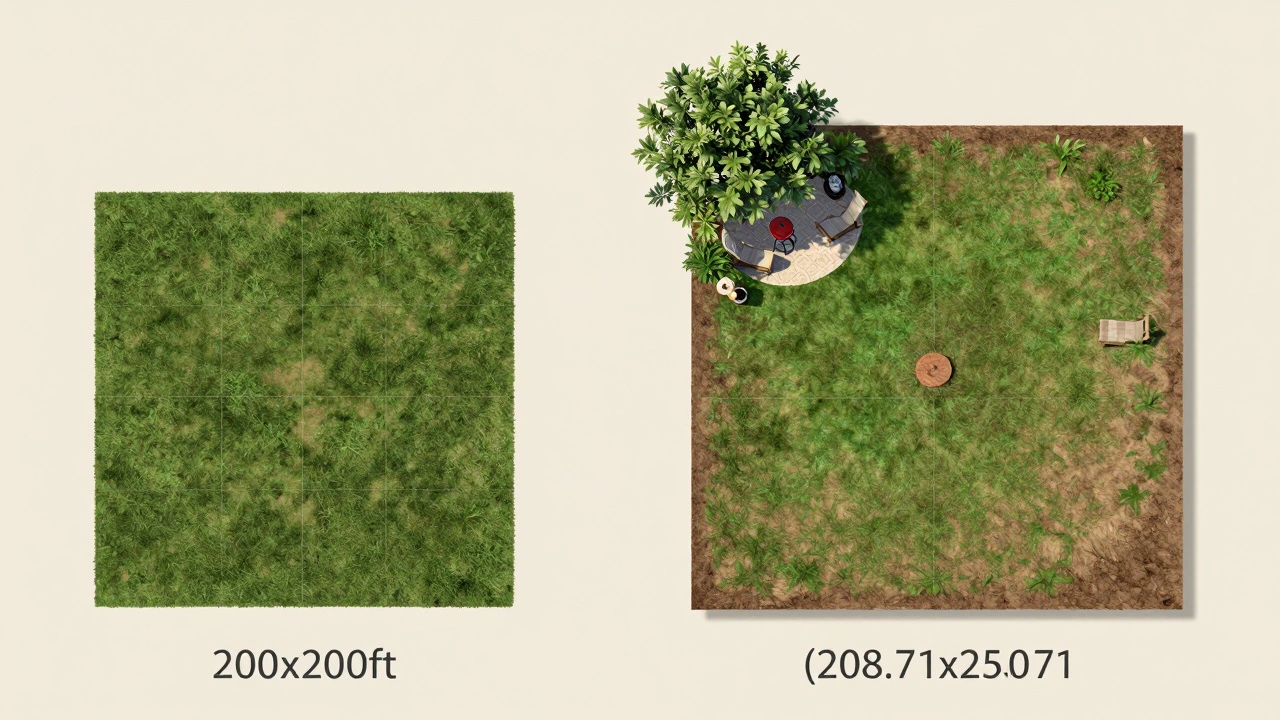 Visual comparison showing the missing space between a 200x200 plot and a true acre.