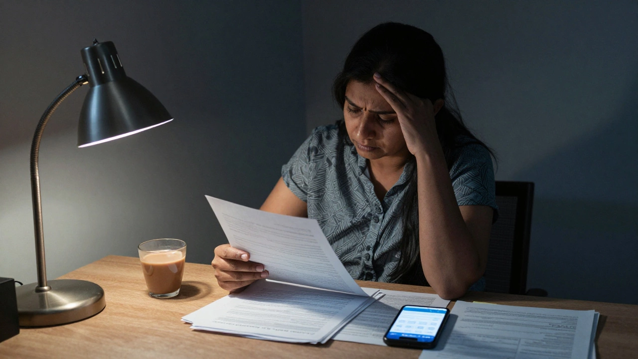 Woman stressed over housing application paperwork at night