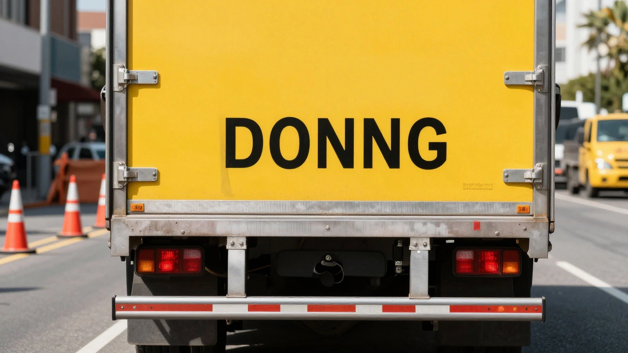 Yellow commercial license plate on the back of a delivery truck
