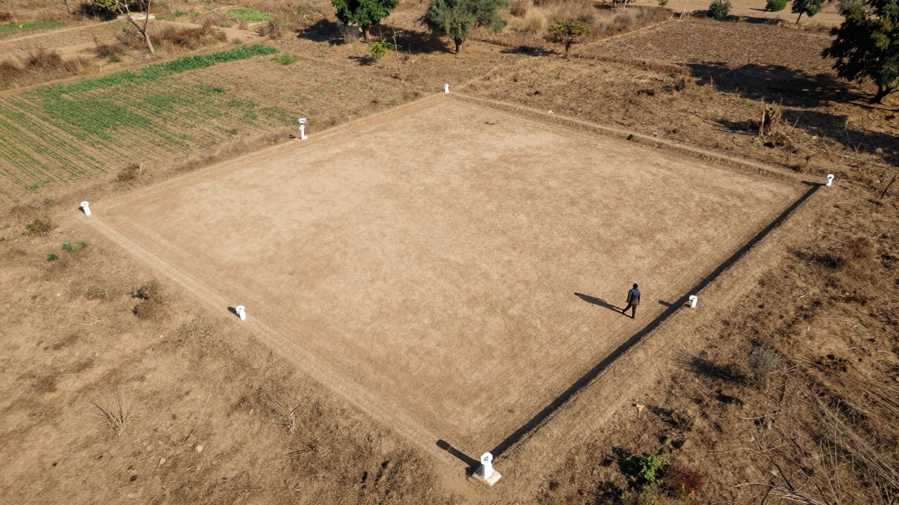 Aerial view of a square acre plot with survey stakes and a person walking