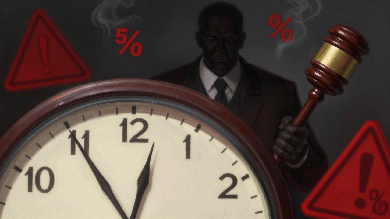 Clock striking midnight with floating penalty percentages warning of late fees
