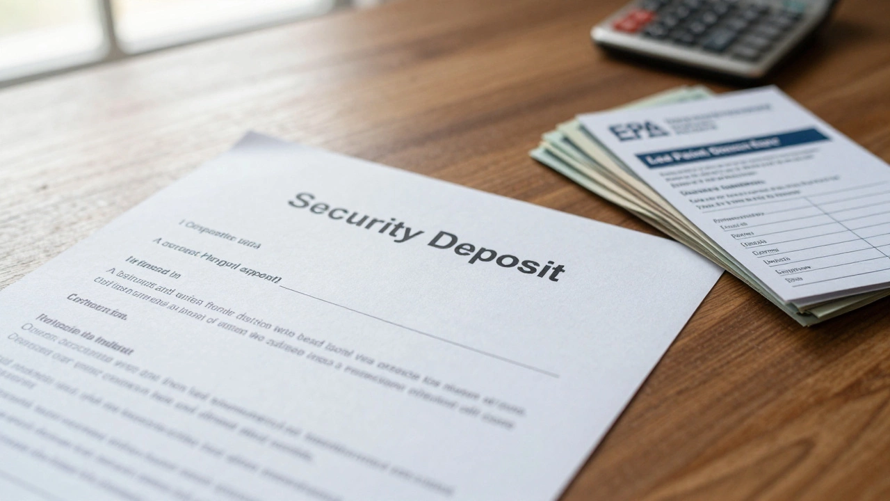 Close-up of lease agreements, security deposit cash, and lead paint pamphlet