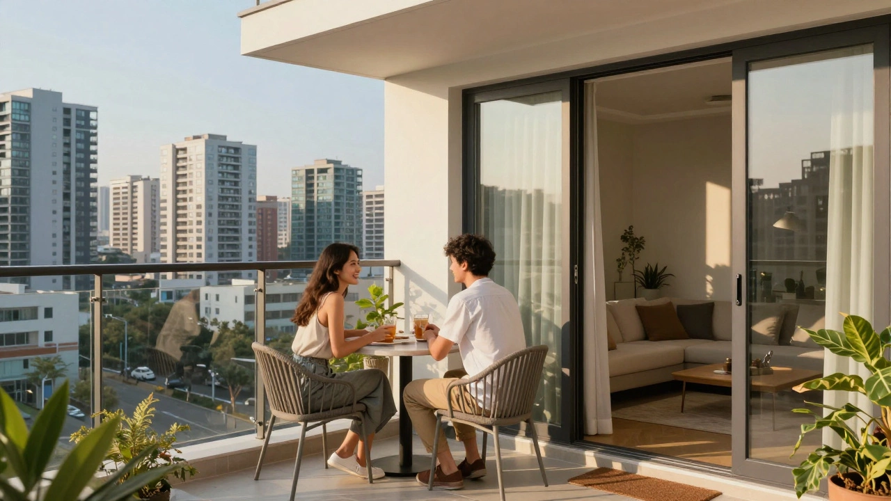 Couple relaxing on a small balcony overlooking a city skyline