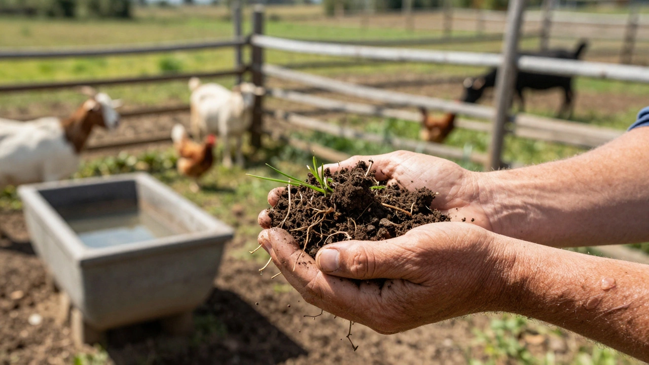 Farmer holding soil with livestock and fencing in background