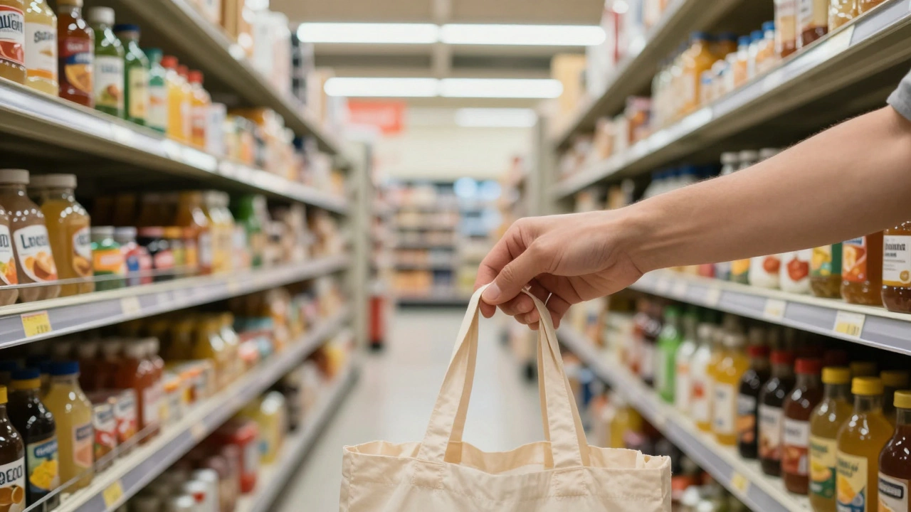 Hand reaching for groceries in supermarket aisle on a tight budget