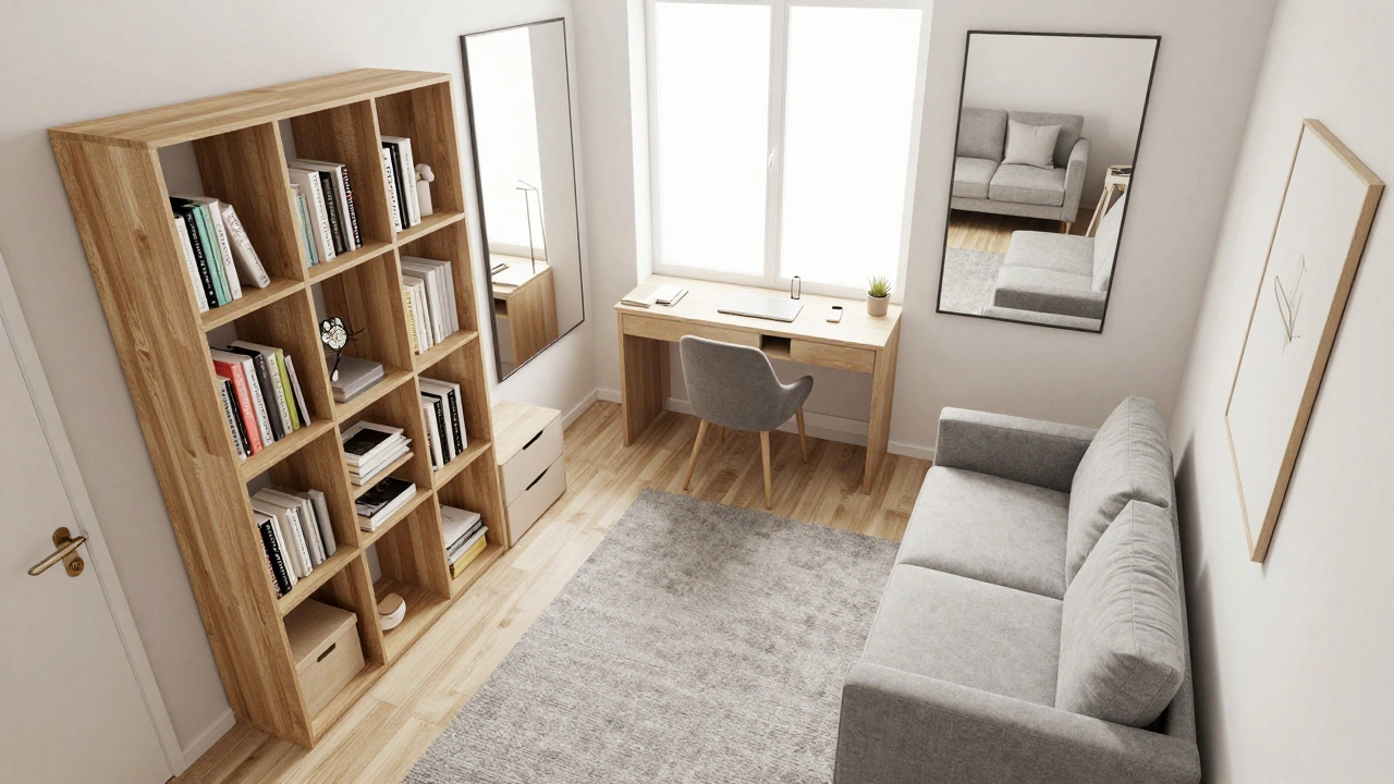 High-angle view of organized studio with multifunctional furniture and mirrors