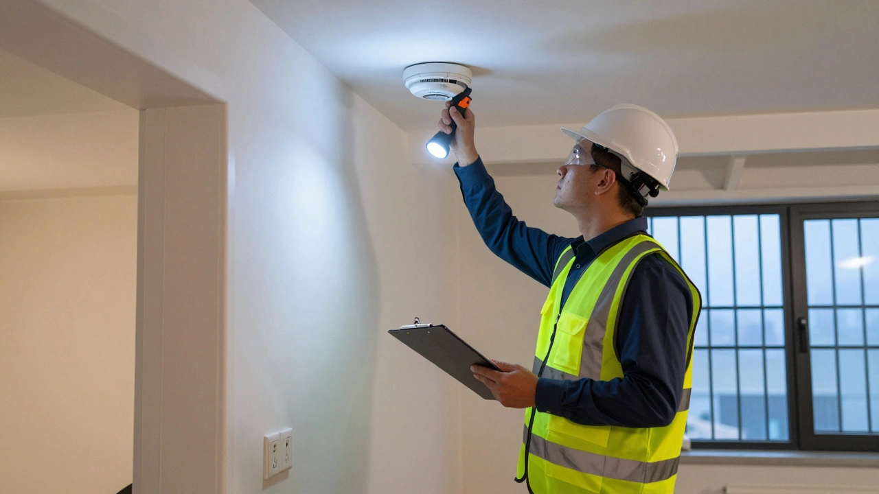 Inspector checking smoke detectors and safety features in an apartment