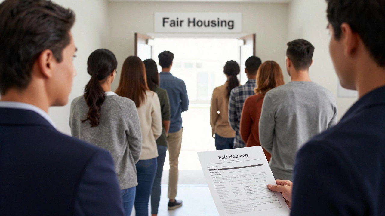 Landlord reviewing applications with diverse tenants in a fair housing context