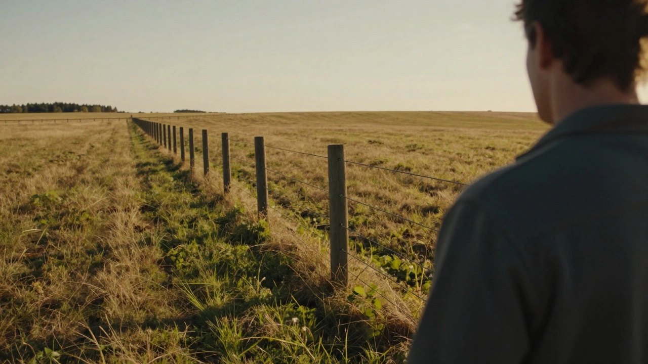 Person standing at corner of fenced pasture looking across the distance