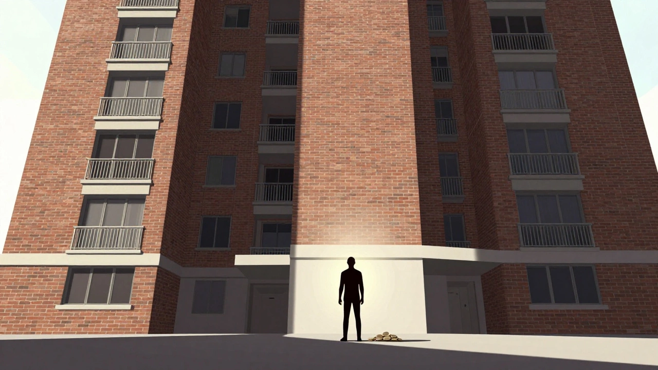 Person standing before towering apartment building representing high rent costs