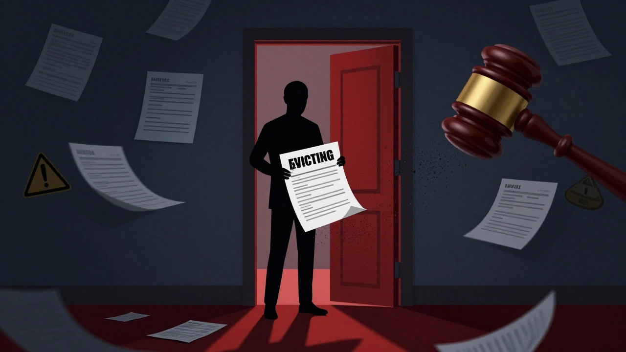 Symbolic image of failed eviction and legal penalties for unlicensed landlords