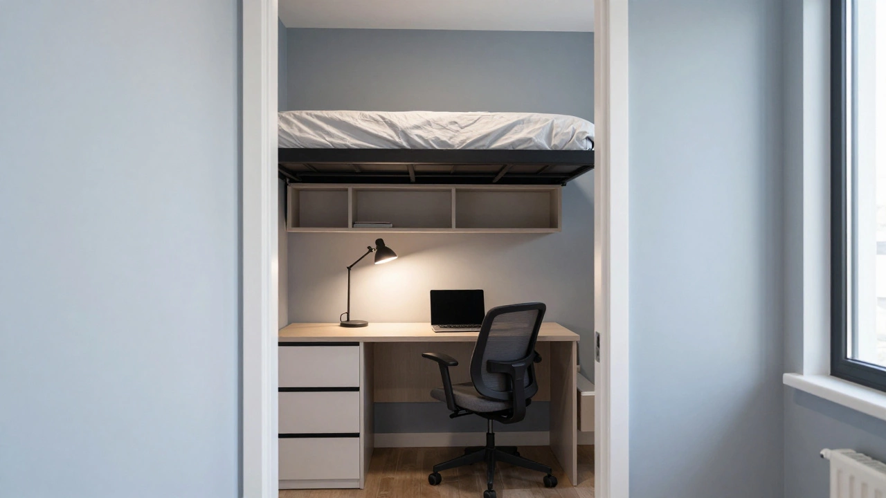 Tiny bedroom converted to office with Murphy bed and built-in desk
