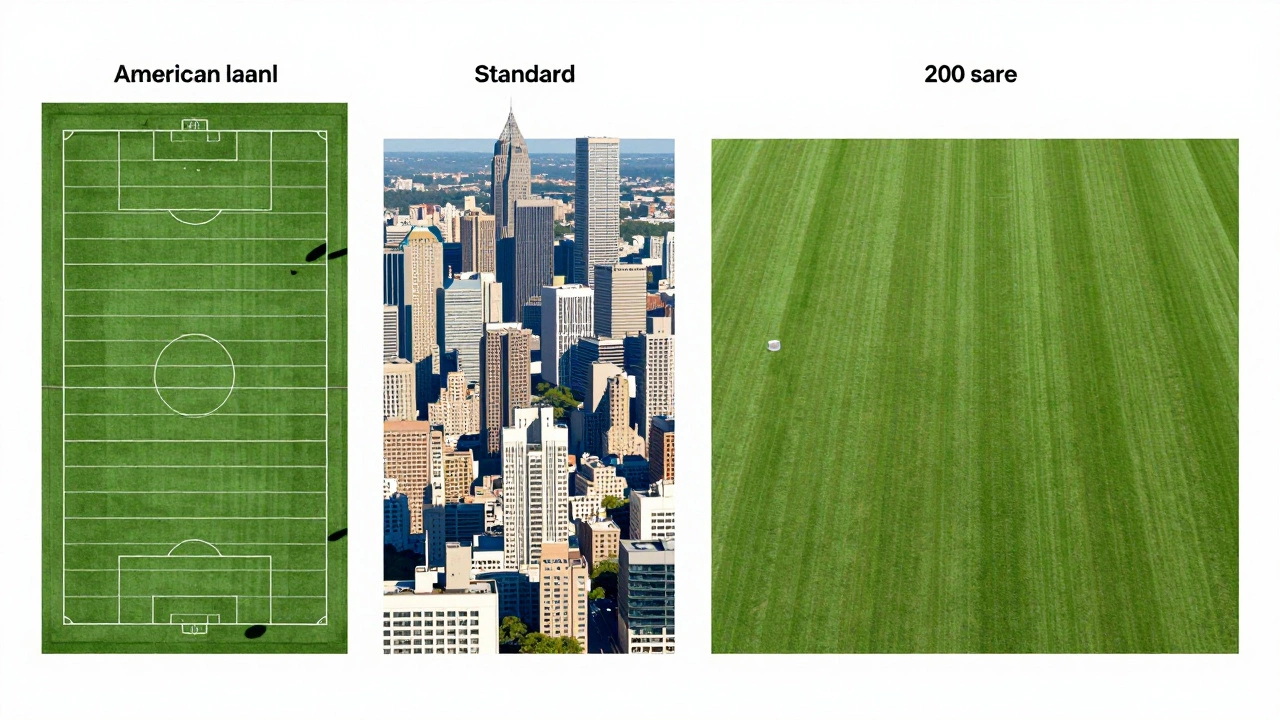 Visual comparison of a football field, city block, and large acreage