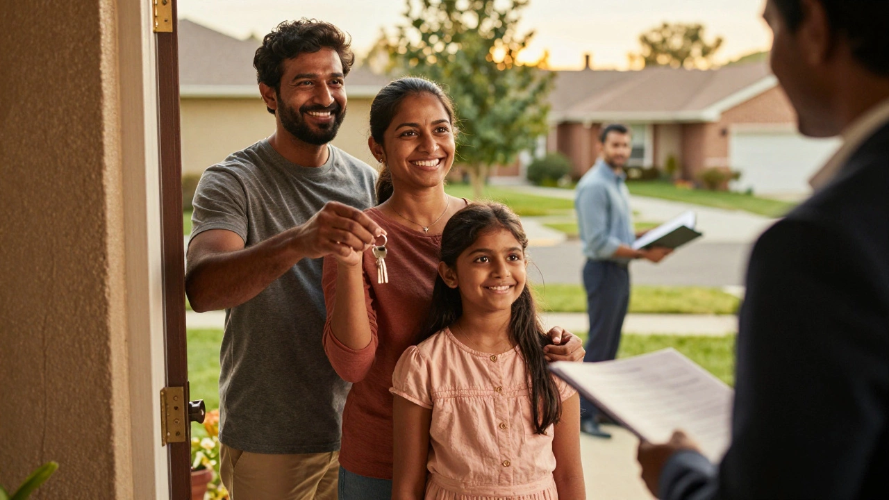 Family holding keys outside new home at sunset