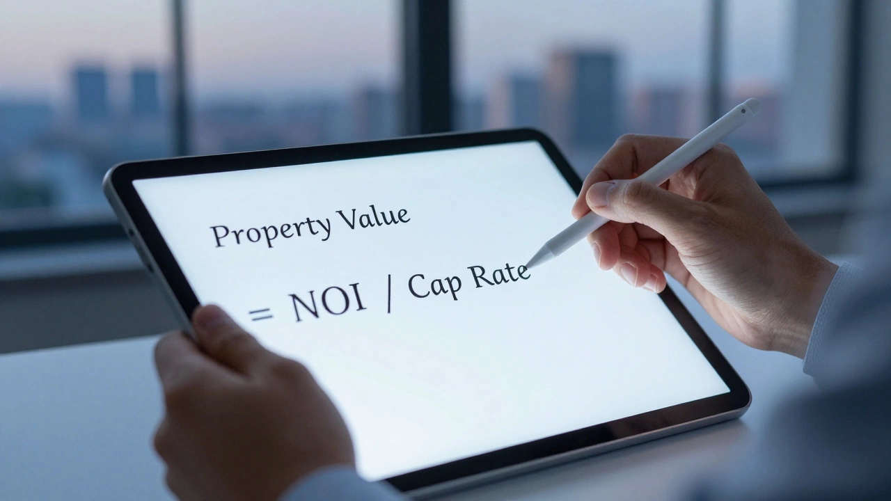 Investor analyzing property valuation formula on digital tablet