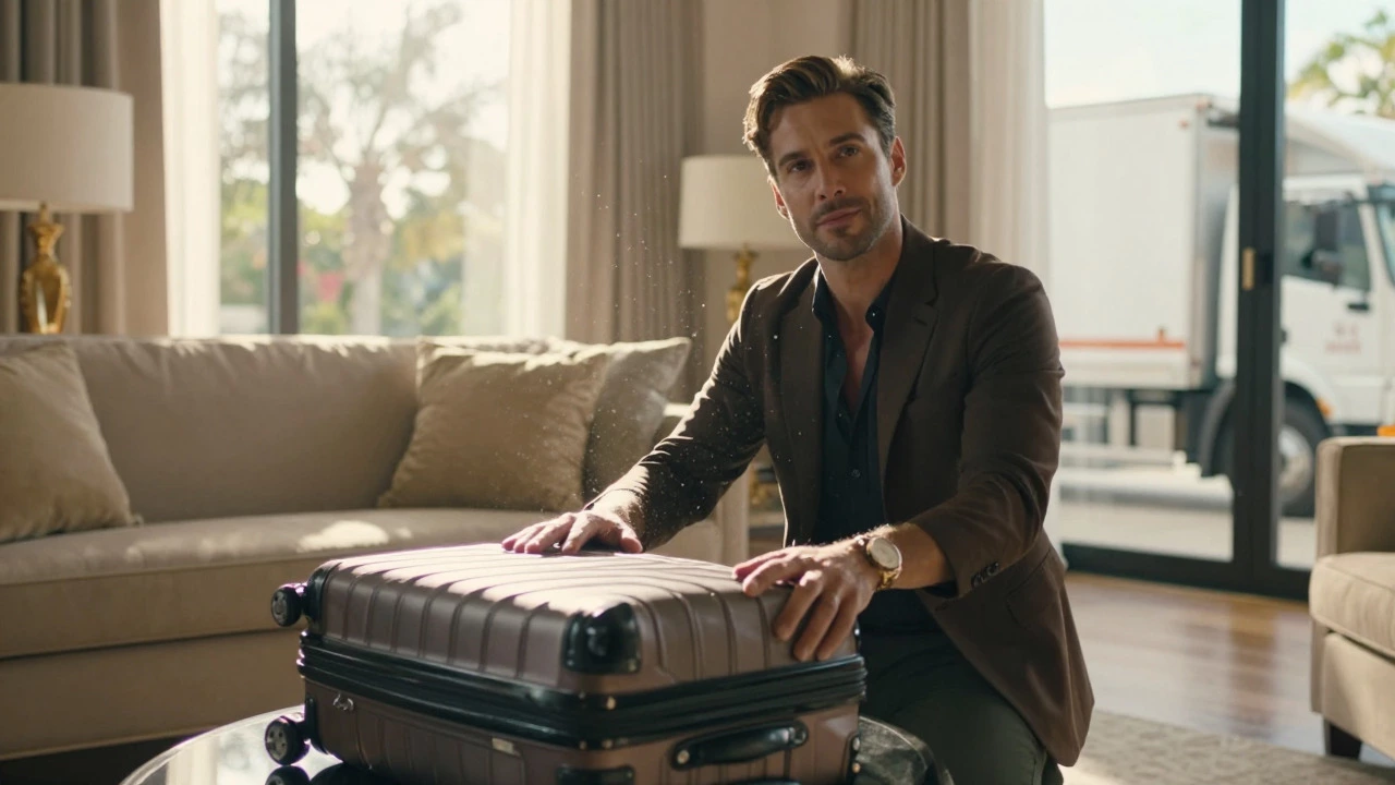 Relaxed millionaire packing suitcase in penthouse