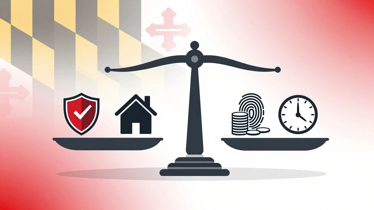 Symbolic scale balancing tenant rights and landlord requirements in Maryland.