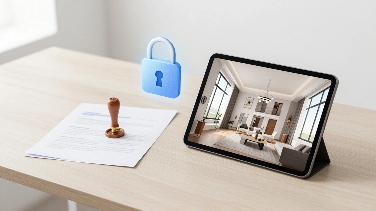 Tablet showing 3D house tour with security lock icon on desk